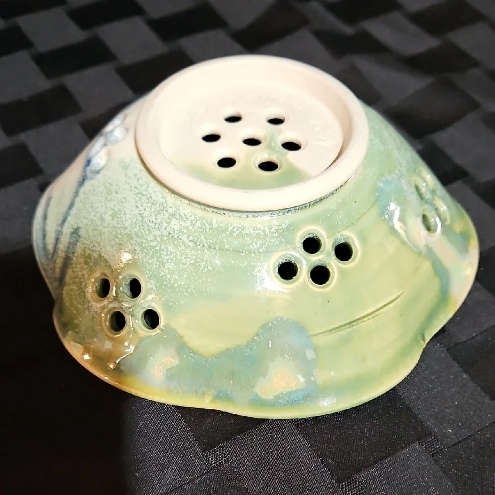 Artisan Crafted/Signed Ceramic Berry Strainer/Colander in Cream, Green and Blue